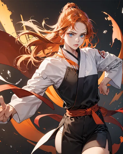 Young woman
Chubby
Ginger hair to shoulders
Blue scowling eyes
black outfit
Orange karate belt