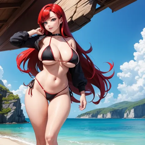 Big boobs bikini girl long red hair black bikini