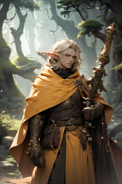 (best quality,4k,8k,highres,masterpiece:1.2), ultra-detailed, realistic:1.37, Elf male in a yellow robe, powerful red aura, vibrant colors, mystic lighting, flowing fabric, ancient forest scenery, enchanted atmosphere, intriguing expression, intricate deta...