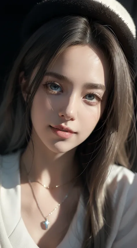 absurdres, (best quality:1.2), volumetric lighting, intricate details,(masterpiece:1.2), (photorealistic), cinematic lighting, perfect face, beautiful eyes, detailed eyes, necklace, bare collarbone, bare arms, short shirt, bangs, sidelocks, shiny skin, smi...