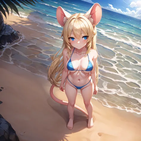 View from above a very short blonde humanoid girl with pale skin and long blonde hair and blue eyes and fluffy mouse ears and a short thin mouse tail and average breasts with a blue bikini on and is standing outside alone on a giant shell on the beach.