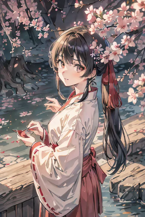 (masutepiece), Best Quality, High resolution, Highly detailed, Detailed background, Perfect Lighting, plein air, 1girl in, Miko Girl、Cherry blossoms in full bloom