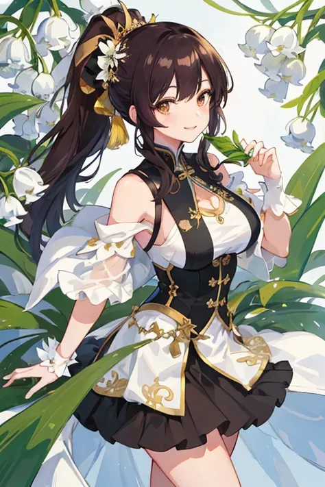 （（tmasterpiece：1.4，Best quality））++，（hyper-detailing）+，（Best quality，hyper-detailing，vibrant with colors，rich colourful，dynamic angle，hight contrast：1.2），girl，flatchest，Lori huge breasts cleavage，short，Height about 135cm，Double low ponytail，Black hair，gold...