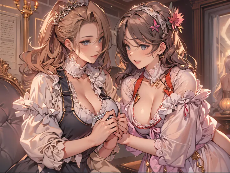 Two girls wearing sexy suspender nightdresses，Large breasts，The two looked at each other，See who has bigger breasts.