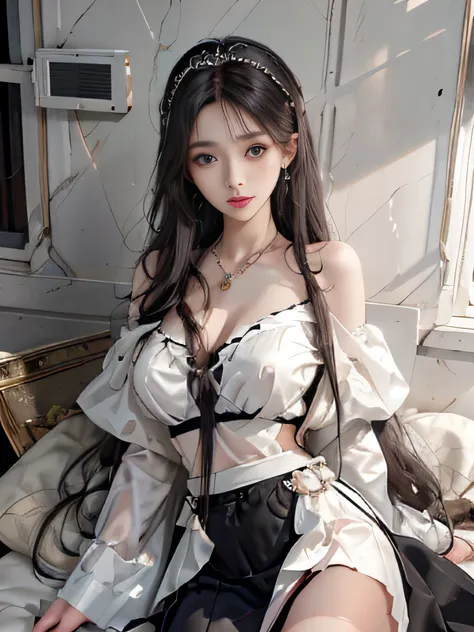 realistically, A high resolution, Top image quality、Original photography、超A high resolution，1 girl, 16 yaers old，Alone, Cesa，The background wall is covered with retro newspapers，8K raw data、Beautiful black pupils， long flowing white hair，nice headpiece, Tr...