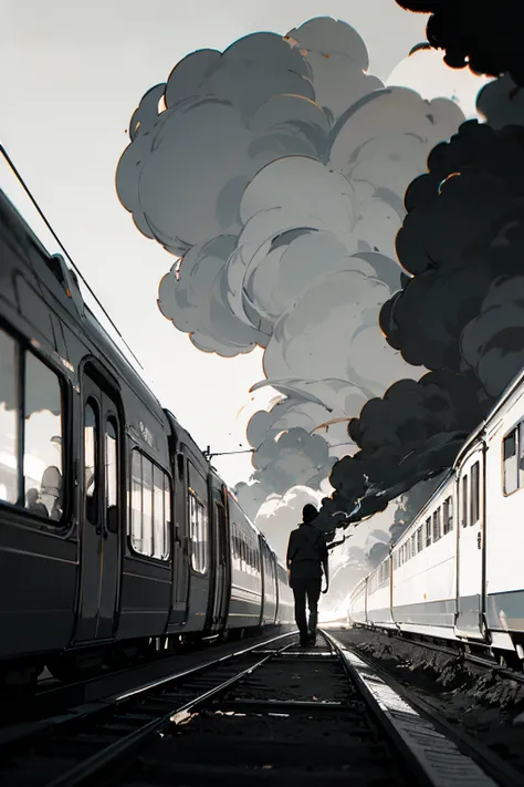 ((best quality)), ((master part)), (circunstanciado), noir train station, plataforma de trem noir, smoke billowing, clima noir, 50s aesthetics, preto e branco, contraste entre luz e sombra, pessoas caminhando.