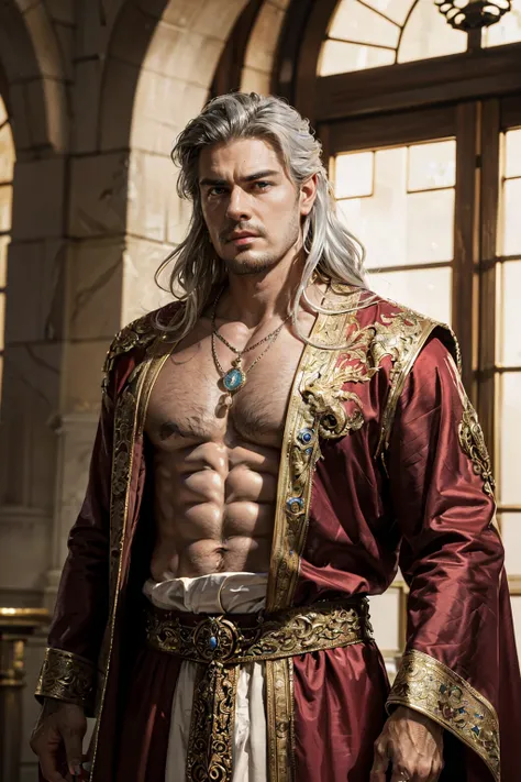 Create a captivating portrait of Magnus, an enigmatic leader with an authoritative aura. Portray his robust physique, with broad shoulders and a tall stature that commands attention. Highlight his flowing, silver-white hair that cascades down to his should...