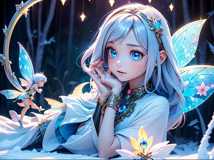 (masterpiece), realistic, cinematic light, (((utopia world, a 10yo girl is playing with fairies in the forest, fairyland))), full body, beautiful eyes, silver hair, perfect anatomy, very cute, (blue eyes) , bioluminescence, 8 life size,8k resolution, human...