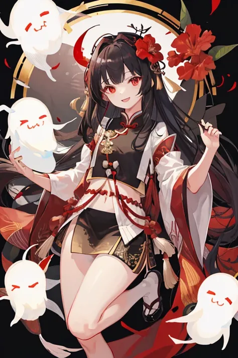 girl，Height about 158cm，Blood-red eyes，black long straight hair，Qi bangs，Wearing a Hibiscus flower as a headdress on the left side of the head，There is a red tassel hanging under the Bana flower，Wearing a skirt with flower elements，flatchest，One hand holds...