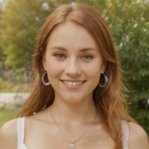 head and shoulder shot, a young Nordic woman, redhead, ear studs, (nordic dress), discreet necklace, symmetrical face, symmetrical eyes, balanced eyes, (eyes:1.3), confident smile, (smile:1.35), thin nose, (nose:1.3), garden background, photo, canon, (ultr...