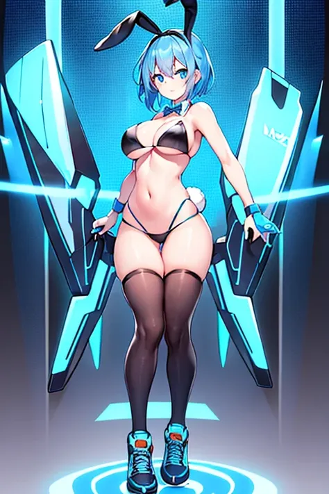 1girl, blue hair, large breasts, bunny ears, rabbit ears, wide hips, blue eyes, short hair, very short hair, science-fiction, tech, futuristic, machinery, full body, neon trim, bikini, black bikini, light smile, shoes, sneakers, blue trim, skateboard