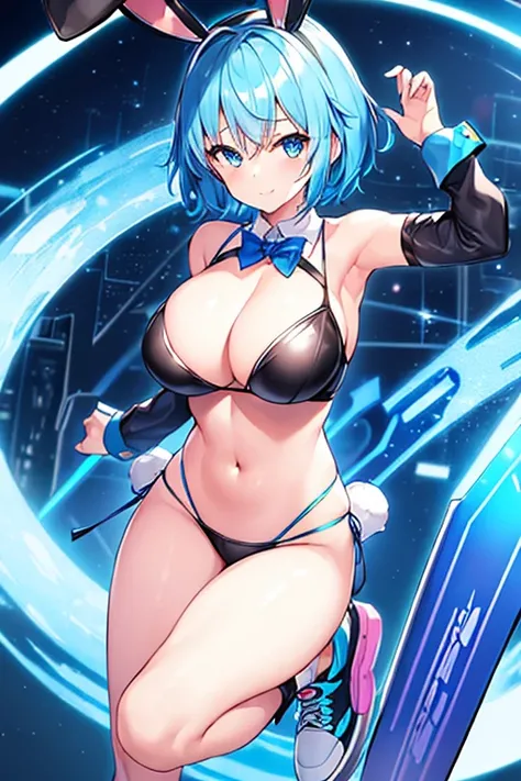 1girl, blue hair, large breasts, bunny ears, rabbit ears, wide hips, blue eyes, short hair, very short hair, science-fiction, tech, futuristic, machinery, full body, neon trim, bikini, black bikini, light smile, shoes, sneakers, blue trim, skateboard