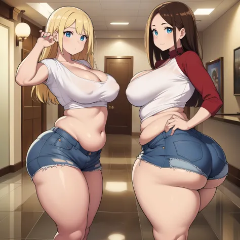 ((highres)), Masterpiece, high quality, best quality, beautiful, perfect lighting, detailed face, ultra cute face, (((2girls))), standing next to each other, one girl has blonde hair, blue eyes, one girl has brown hair, green eyes, hotel lobby, medium brea...