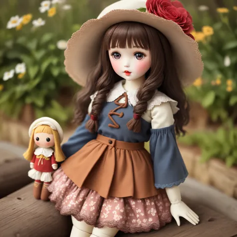 Handmade rustic handmade doll wearing floral skirt and pointed hat