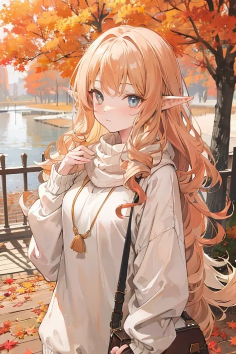 1girl, elf ears, long wavy ginger hair, light gray eyes, oversized beige sweater, autumn background, cottagecore aesthetic