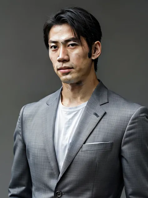 Handsome Japan Man,musculature,Upper body portrait,Gray background,suits,人物