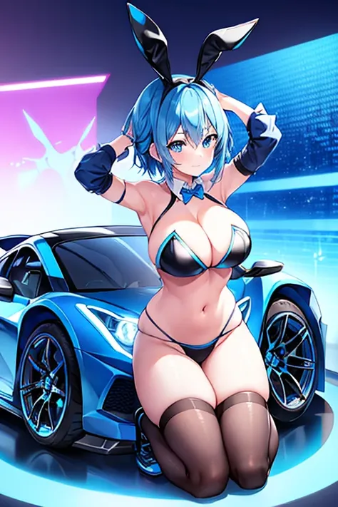 1girl, blue hair, large breasts, bunny ears, rabbit ears, wide hips, blue eyes, short hair, very short hair, science-fiction, tech, futuristic, machinery, full body, neon trim, bikini, black bikini, light smile, shoes, sneakers, blue trim, car, sports car,...