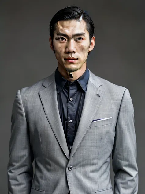 Handsome Japan Man,dandy,musculature,Upper body portrait,Gray background,suits,人物