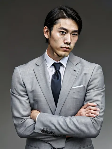 Handsome Japan Man,dandy,musculature,Upper body portrait,Gray background,suits,人物