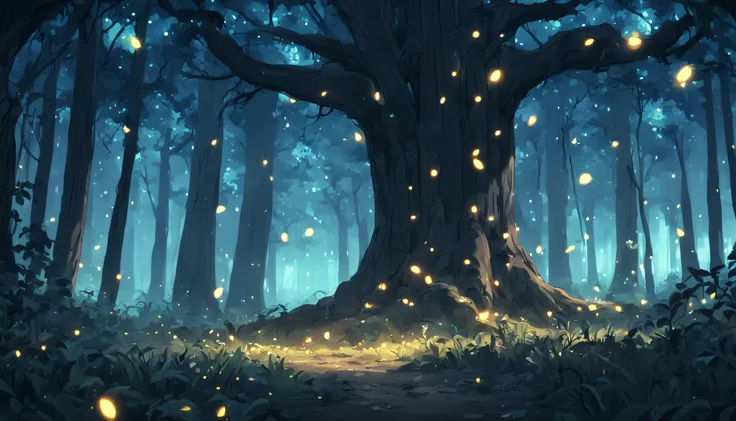 a cinematic still from an anime movie, quaint Enchanted Forest Clearing, tranquil clearing, bathed in the soft glow of luminescent fireflies. Ancient trees whisper ancient secrets, high res, Sony fe 24-70mm f/2.8 gm, 32k UHD, moody lighting, muted cinemati...