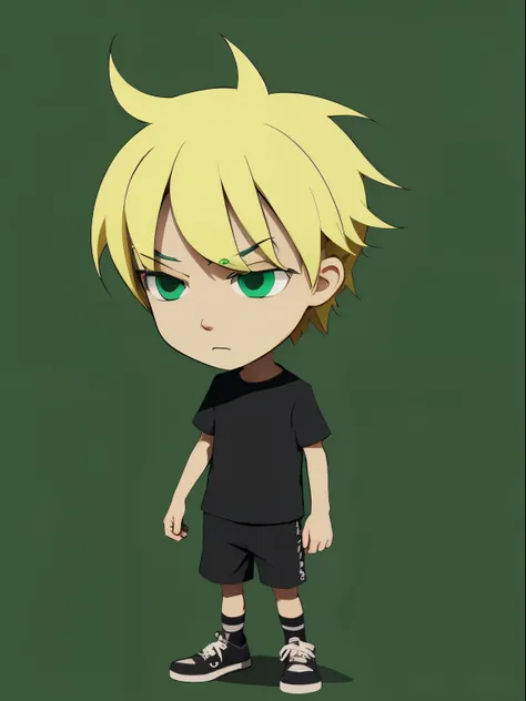 cartoon boy in the style of adventure time, but darker and grittier, blonde hair green eyes sad