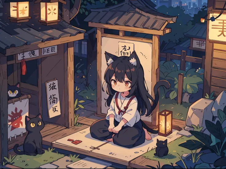 Black-haired girl with cat ears, Cat-like eyes, A cats tail, Night Shrine, youkai (Supernatural creatures)