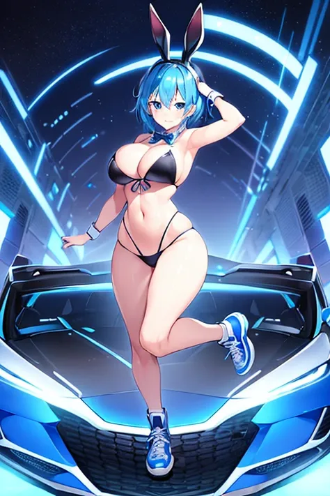 1girl, blue hair, large breasts, bunny ears, rabbit ears, wide hips, blue eyes, short hair, very short hair, science-fiction, tech, futuristic, machinery, full body, neon trim, bikini, black bikini, light smile, shoes, sneakers, blue trim, car, sports car,...