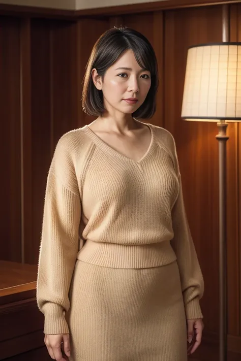 hight resolution, high-level image quality, high detailing, Textured skin, tre anatomically correct, sharp, ‎Classroom,  (((japanese mature, 49 years old, governess, chubby figure))), ((Wrinkles on the face)), shapely small breasts, Light brown straight ha...