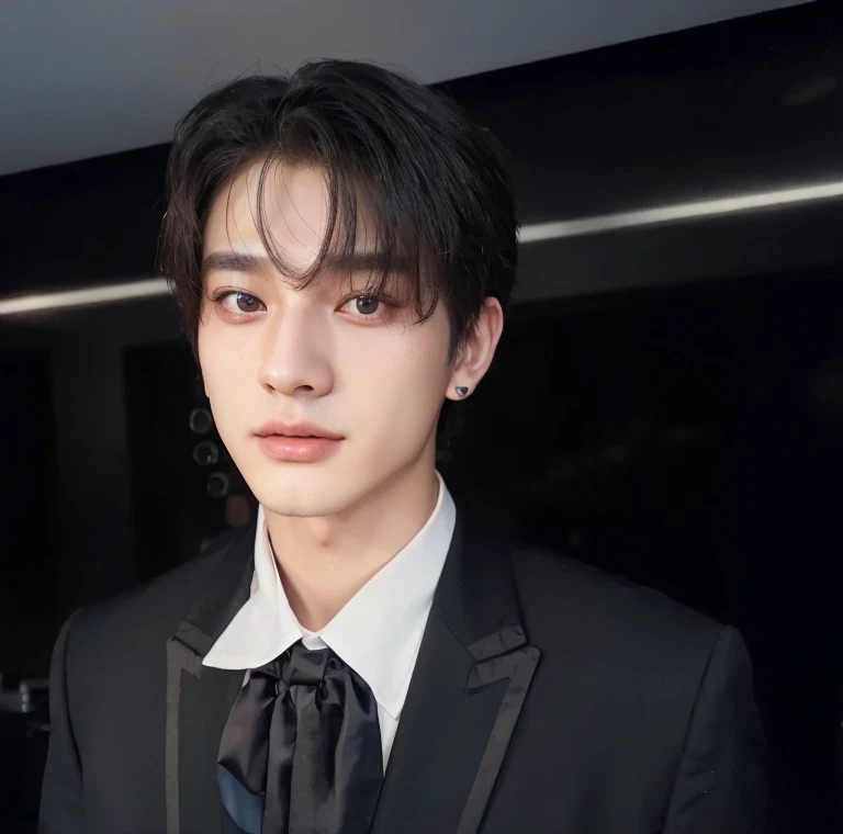 Hay un hombre con traje y corbata posando para una foto, Cai Xukun, inspirado por Bian Shoumin, Jinyoung Shin, Kim Doyoung, Yanjun Chengt, Un hombre guapo，pelo corto negro, Inspirado por Jeonseok Lee, beautiful androgynous prince, inspirado por Yanjun Chen...