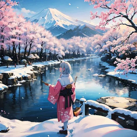 （Japan landscape paintings），（big snow mountain）（Its snowing），（There is a big cherry tree on the mountain、Flowers are scattered）frontier、Cheers to the monthly drinking party，Ultra-long viewing angle