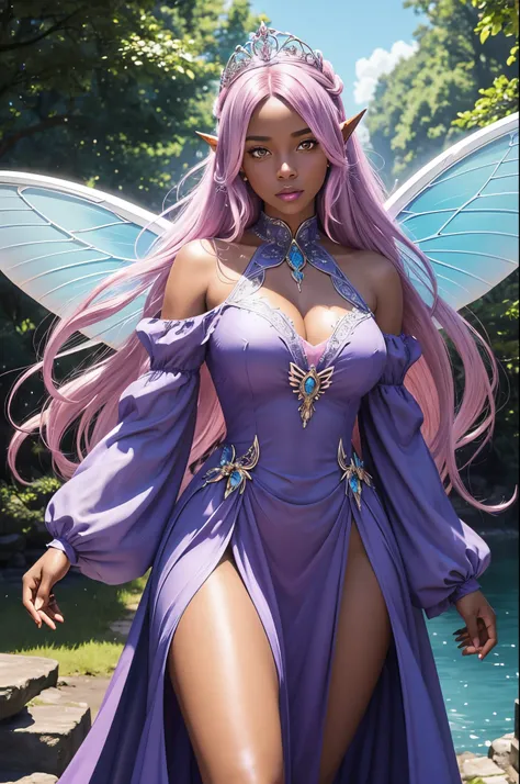 FAIRY FEMALE, WINGED WOMAN, BLACK WOMAN, BLUE BUTTERFLY WINGS, MATURE WOMAN, BLACK SKIN, LOVELY FACE EXPRESSION, TIARA, WHITE EYES, HUGE LONG HAIR, EXPOSED EARS, PINK HAIR, ROSY CHEEKS, HIGH CHEEKBONES, ATHLETIC BODY, LONG PURPLE DRESS, LONG SLEEVES, FLARE...