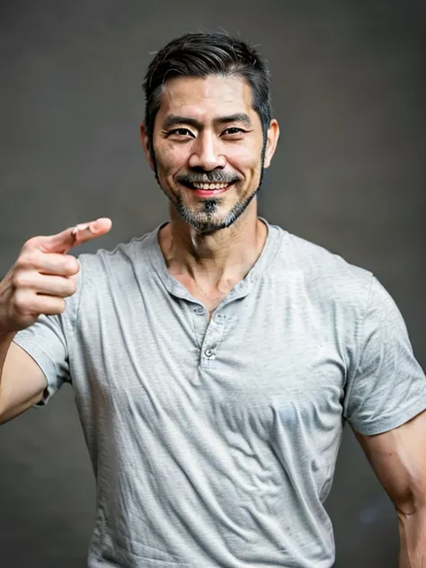 Handsome men,Japan in their 40s,Bearded,dandy,musculature,Upper body portrait,Gray background,人物,smiling and pointing