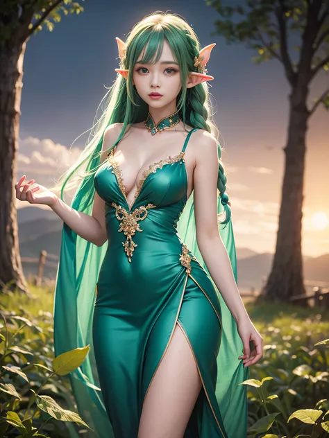 Graceful elven girl standing in meadow, Delicate face illuminated by the soft light of the setting sun. Her long, Flowing hair runs down your back, Decorated with intricate braids、Adorned with sparkling gemstones. This great photo is、、、It captures the ethe...