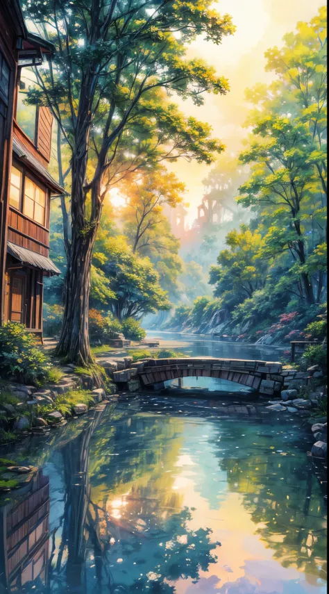 Impressionistic watercolor landscape revealing a rustic dwelling precariously nestled against a serene flowing river, as the declining sun births a variegated canvas in the sky and mirrors its brilliance on the surrounding foliage and tranquil water, quain...