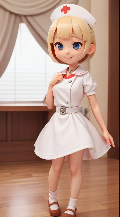 she is a cute nurse、Blonde short cut hair、big silver eyes、Cute smile、tchibi、Mega Mini