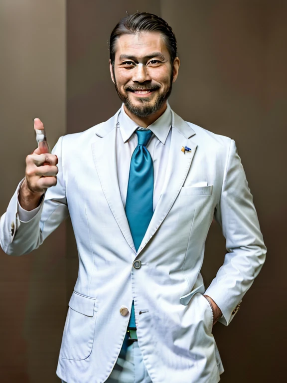 Handsome men,Japan in their 40s,Bearded,dandy,musculature,Upper body portrait,人物,smiling and pointing,wears a suit,white backgrounid