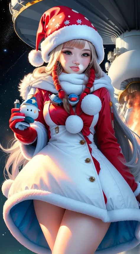 Cheerful Snow Maiden in a Santa Claus hat grows mushrooms in the space atmosphere.., a space ship, planet view, Forced Smile, Masterpiece