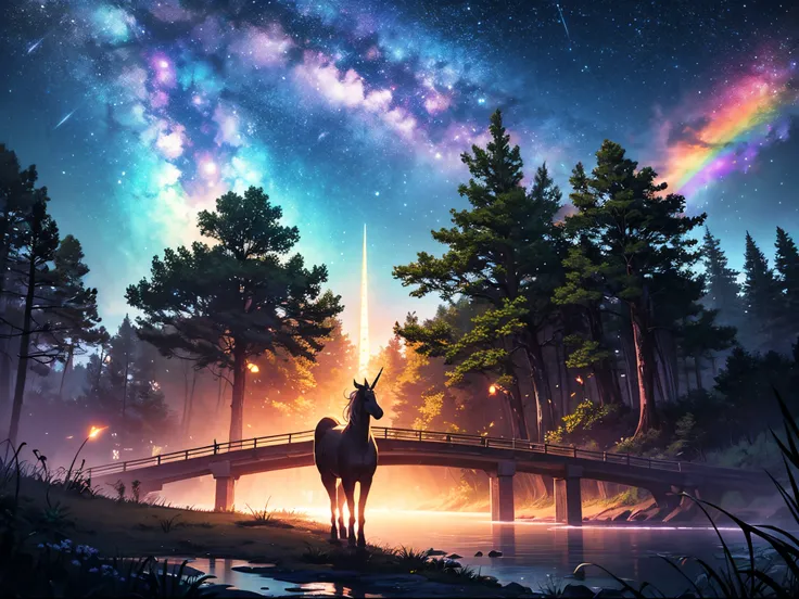 Fantasy:Paint an enchanting forest with glowing fireflies, majestic unicorns, and rainbow-colored bridges, all under a shimmering night sky filled with twinkling stars