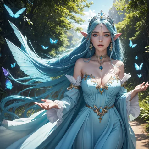 FAIRY FEMALE, WINGED WOMAN, BLUE BUTTERFLY WINGS, MATURE WOMAN, EXOTIC SKIN, GREEN SKIN, LOVELY FACE EXPRESSION, TIARA, WHITE EYES, HUGE LONG HAIR, BLUE HAIR, EXPOSED EARS, TIP EARS, ROSY CHEEKS, HIGH CHEEKBONES, ATHLETIC BODY, LONG PURPLE DRESS, LONG SLEE...