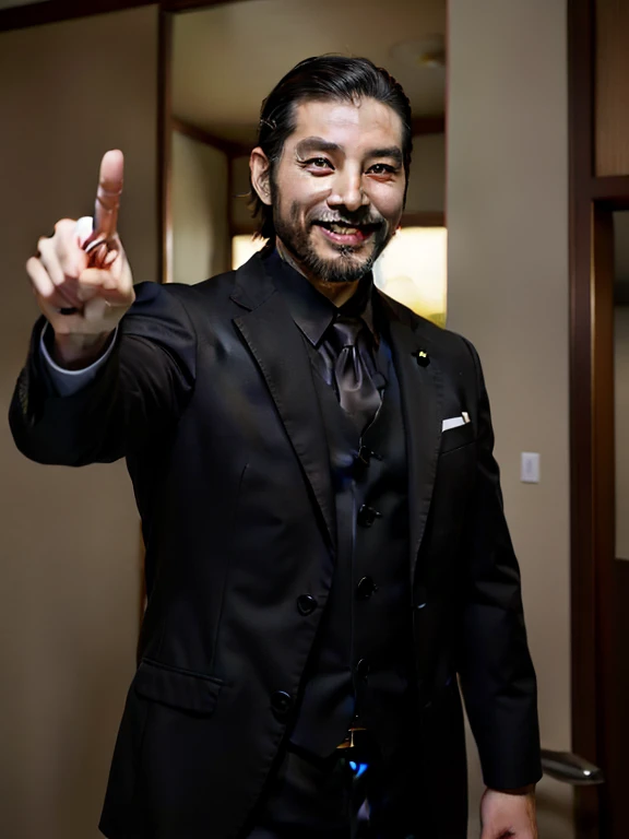 Handsome men,Japan in their 40s,Bearded,dandy,musculature,Upper body portrait,人物,smiling and pointing,Wearing a black suit