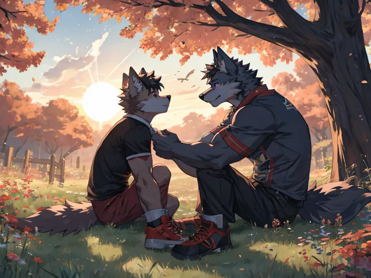 furry,Shota,dark pink fur wolf,masculine,,Sitting under a tree,there&#39;It&#39;s another wolf..,Black-haired man,hair&#39;I kiss my cheek.,There were some leaves blown away..,The sun is about to set..