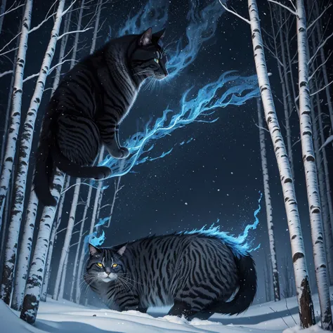 Midnight in a blizzard. Side view of  gigantic  black and gray striped cat , surrounded by blue flames, stalking through a birch forest.