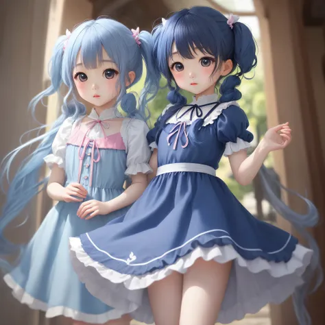 magical little girl、darkblue hair、Half Twin Tail、Long、light blue and droopy eyes、Light blue dress