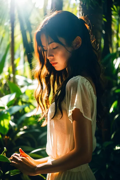 {Best Quality}, {{Masterpiece}}, {Superbly delicate and beautiful}, Outstanding light and shadow, Highly detailed wallpaper, Fire, One girl, Frowning, Messy hair, Realistic skin texture, ,Rainforest, Tight waist, Freckles