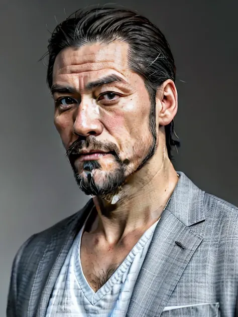 Handsome men,Japan in their 40s,Bearded,dandy,musculature,Upper body portrait,人物,put your hand on your chin,Gray background,suits,put your left hand on your chin,put your left hand on your chin,touch one&#39;s face