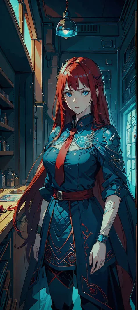 full body,one-girl,blue crystal eyes,cinematic lighting, red eyes, long red hair, fanciful,hyper realistic anime,quilted paper a...