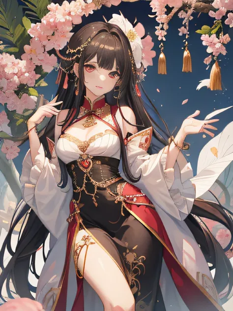 (tmasterpiece:1.2),Atdan, 1 cute girl with, Alone, Branch, flowers blooming, jewely, a skirt, ear nipple ring, that tree, through bangs, Pink Long Hair, hair adornments, Chinese clothes, black hair color hair, hairflower, with pink hair, exposed bare shoul...