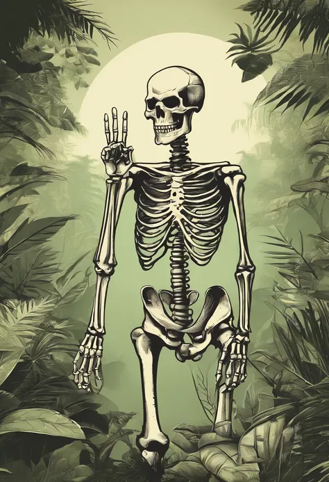 a skeleton showing the middle finger in the jungle