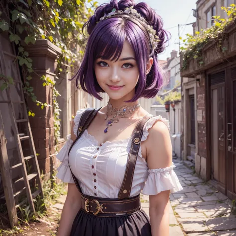 best quality, high quality, a cute girl, solo, beautiful purple hair, beautiful purple eyes, light smile,