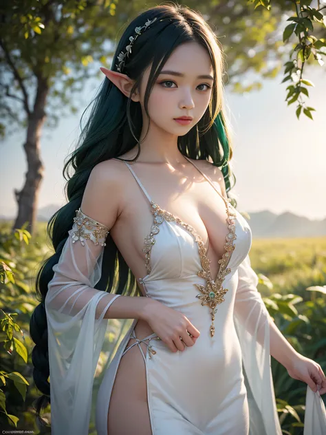 Graceful elven girl standing in meadow, Delicate face illuminated by the soft light of the setting sun. Her long, Flowing hair runs down your back, Decorated with intricate braids、Adorned with sparkling gemstones. This great photo is、、、It captures the ethe...